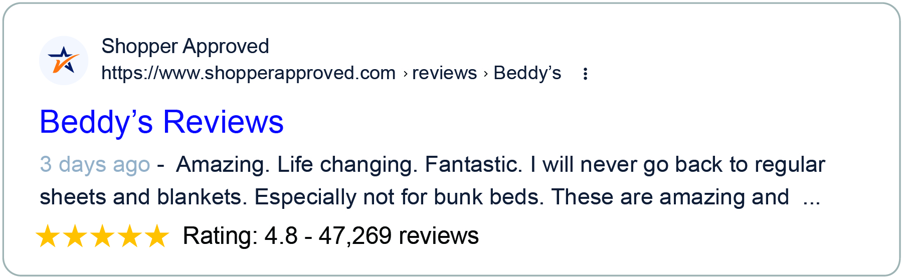 Positive verified review certificate page in organic search results